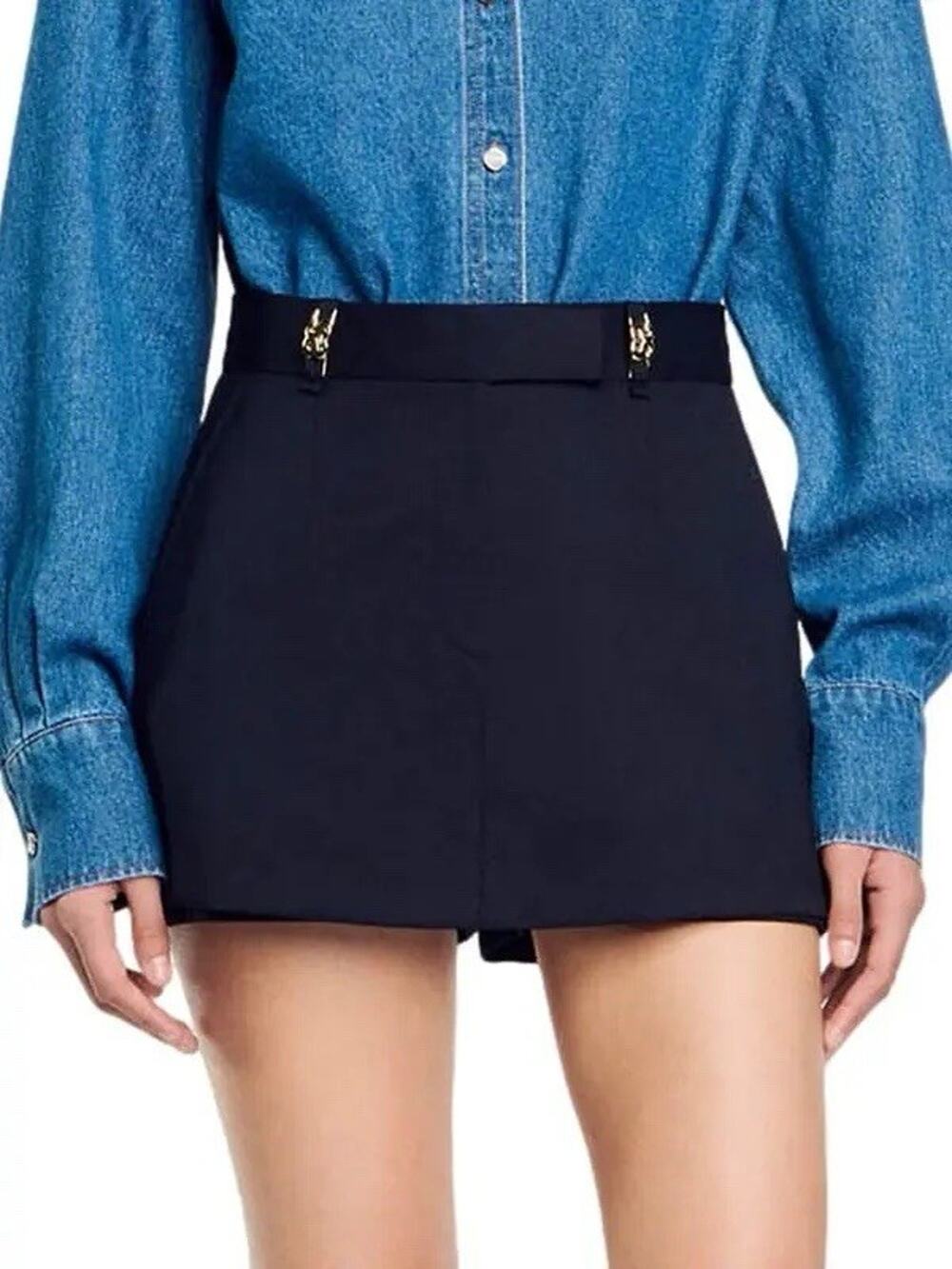 Sandro Black Midi Skort with Gold Buckle Detail